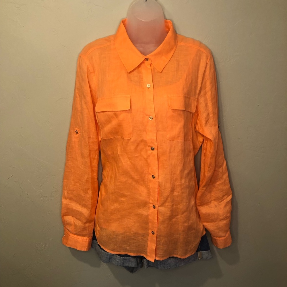 Calvin Klein 100% Linen Bright Orange Button-Up Shirt with Tank Top Size Large
